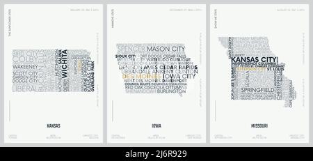 Composizione tipografica dei nomi delle città, cartine delle sagome degli stati d'America, poster vettoriali dettagliati, Kansas, Iowa, Missouri Illustrazione Vettoriale