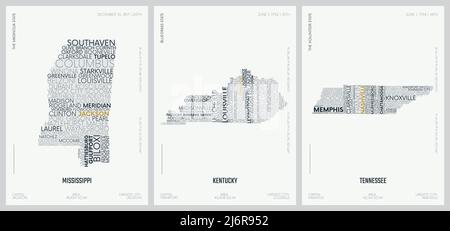 Composizione tipografica dei nomi delle città, cartine delle sagome degli stati d'America, poster vettoriali dettagliati, Mississippi, Kentucky, Tennessee Illustrazione Vettoriale