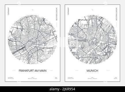 Poster di viaggio, mappa urbana della città Francoforte sul meno e Monaco, illustrazione vettoriale Illustrazione Vettoriale