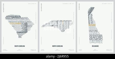 Composizione tipografica dei nomi delle città, cartine delle sagome degli stati dell'America, manifesti vettoriali dettagliati, Carolina del Sud, Carolina del Nord, Delaware Illustrazione Vettoriale