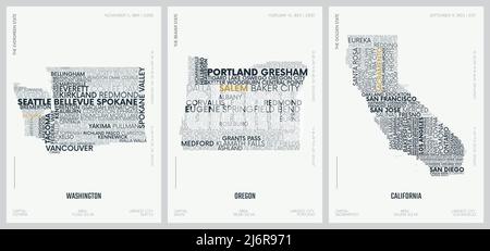 Composizione tipografica dei nomi delle città, cartine delle sagome degli stati d'America, poster vettoriali, Divisione Pacifico - Washington, Oregon, California Illustrazione Vettoriale