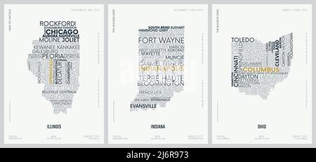 Composizione tipografica dei nomi delle città, mappe delle sagome degli stati d'America, poster vettoriali dettagliati, Illinois, Indiana, Ohio Illustrazione Vettoriale