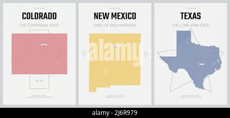 Poster vettoriali cartine dettagliate delle sagome degli stati d'America con disegno lineare astratto, Division Mountain Colorado, New Mexico, Texas Illustrazione Vettoriale