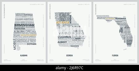 Composizione tipografica dei nomi delle città, cartine delle sagome degli stati dell'America, poster vettoriali dettagliati, Alabama, Georgia, Florida Illustrazione Vettoriale