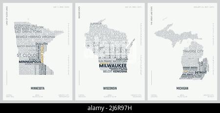 Composizione tipografica dei nomi delle città, mappe delle silhouette degli stati d'America, poster vettoriali dettagliati, Minnesota, Wisconsin, Michigan Illustrazione Vettoriale