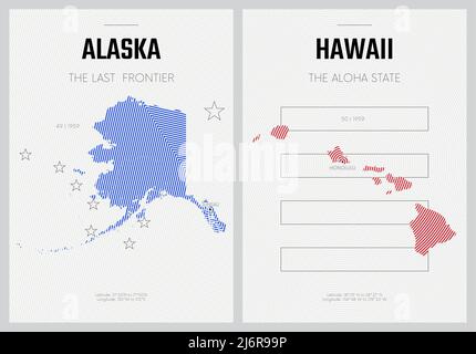 Poster vettoriali cartine dettagliate delle sagome degli stati d'America con disegno lineare astratto, Divisione Pacifico - Alaska, Hawaii - Set 17 di 17 Illustrazione Vettoriale