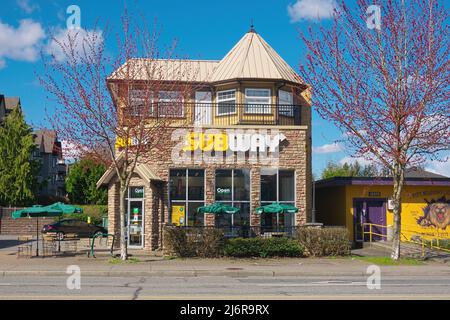 Vista frontale esterna di un ristorante Subway, Pitt Meadows, B. C., Canada. Foto Stock