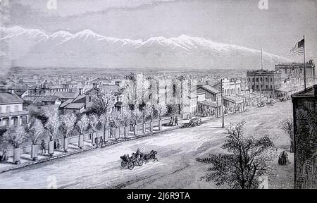 Vista di Main Street, Salt Lake City, USA, dal libro: 'An Englishwoman in Utah' di T. B. H. Stenhouse, pubblicato nel 1880. Foto Stock
