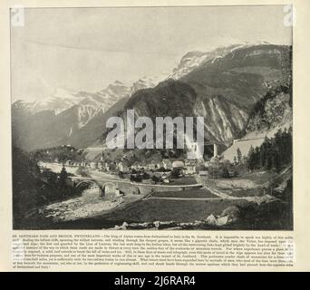 Antica fotografia del Passo del San Gottardo e del Ponte, Svizzera 19th secolo Foto Stock