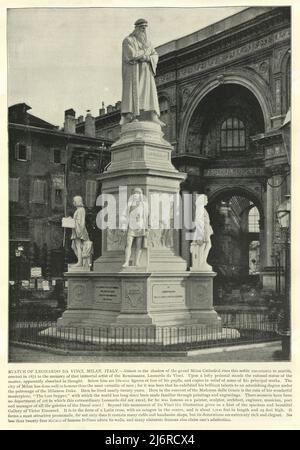 Antica fotografia della Statua di Leonardo da Vinci, Milano, Italia, 19th secolo Foto Stock