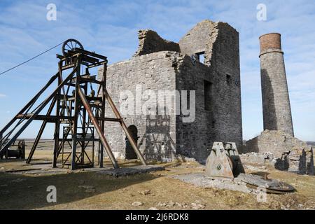 Miniera di piombo di Magpie vicino a Sheldon nel Derbyshire Inghilterra, patrimonio industriale, miniere di piombo, parco nazionale del distretto di Peak, monumento protetto pianificato Foto Stock