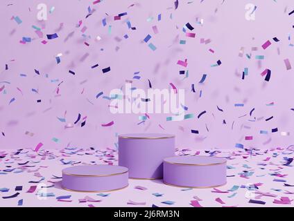 Chiaro, pastello, lavanda viola 3D rendering prodotto esposizione tre podi stand con confetti colorati celebrazione anniversario pubblicità e oro Foto Stock