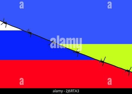 Bandiere russe e ucraine separate da filo spinato. Simbolo di conflitto, guerra di due paesi. Foto Stock