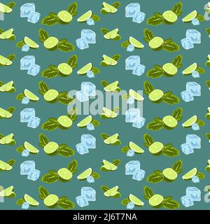 Modello senza cuciture con fette di lime, foglie di menta e cubetti di ghiaccio. Modello vettoriale degli agrumi. Design estivo con frutta utile succosa. Modello vettoriale per f Illustrazione Vettoriale