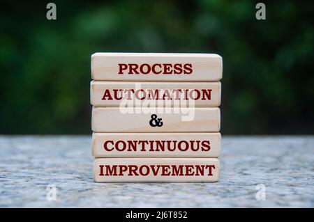 Automazione dei processi e testo di miglioramento continuo su blocchi di legno con sfondo naturale sfocato. Miglioramento dei processi e concetto aziendale Foto Stock