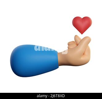 Mano umana che tiene il cuore volante. Fare il simbolo del cuore con il gesto delle dita. Rendering realistico di alta qualità 3D isolato su sfondo bianco. Foto Stock