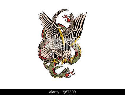 Il tatuaggio della vecchia scuola ha ispirato il disegno grafico aquila e serpenti Foto Stock