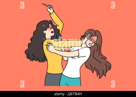 Coppia di giovani donne arrabbiate combattono e litigano. Ragazze adolescenti MAD che lottano tirando i capelli. Conflitto femminile e risoluzione dei problemi con i pugni. Illustrazione vettoriale piatta. Illustrazione Vettoriale