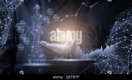 Gioco di scacchi dietro gli indicatori della tabella del forex o grafico del mercato azionario in background astratto. Concetto di business per presentare informazioni finanziarie e m digitale Foto Stock