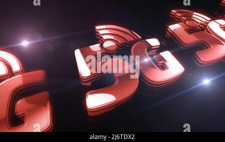 Comunicazione cellulare ad alta velocità 5G e rete iot Golden Metal Shine Symbol Concept. Spettacolare luce incandescente e riflessione icona astratto obj Foto Stock