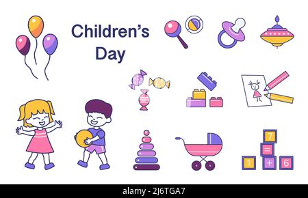 Illustrazione vettoriale del set di icone del giorno dei bambini dei cartoni animati. Illustrazione Vettoriale