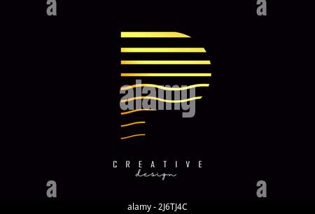 Logo lettera P con linee dorate diritte e a zig-zag. Illustrazione vettoriale con linee di colore del tramonto. Illustrazione Vettoriale
