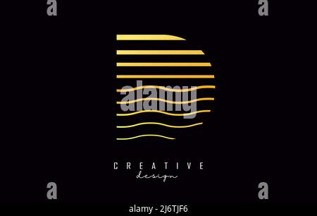 Logo lettera D con linee dorate diritte e a zig-zag. Illustrazione vettoriale con linee di colore del tramonto. Illustrazione Vettoriale