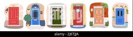 Porte a casa appartamento di diversi colori set, collezione di porte in parete di casa Illustrazione Vettoriale