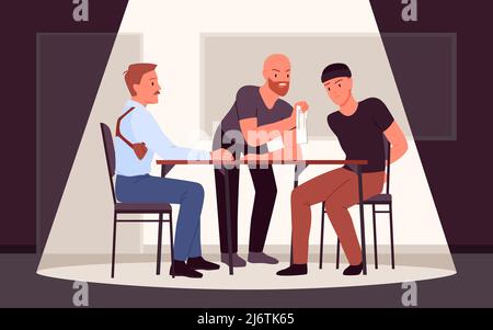Scena di interrogatorio della polizia a sospettato criminale Illustrazione Vettoriale