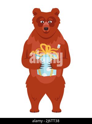 Regalo di tenuta dell'orso. Animale in stile cartone animato. Illustrazione Vettoriale