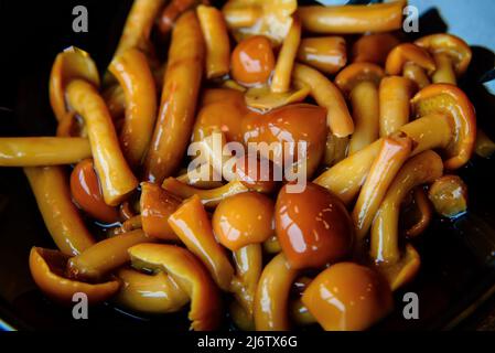 Piatto di funghi sottaceto, come additivo in insalata Foto Stock