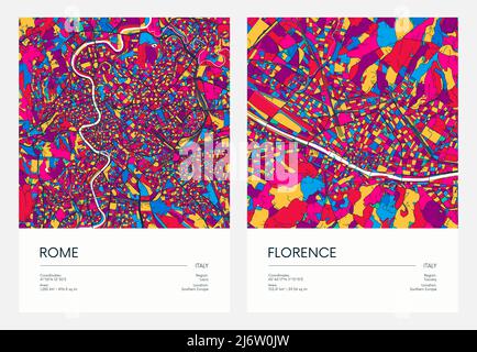 Mappa stradale dettagliata a colori, città urbanistica Roma e Firenze con quartieri e quartieri colorati, poster vettoriale di viaggio Illustrazione Vettoriale