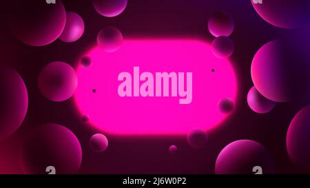 Futuristico poster vettoriale a gradiente con capsula rosa brillante su sfondo scuro, illuminazione al neon con riflessi su sfere, illustrazione astratta con geome Illustrazione Vettoriale