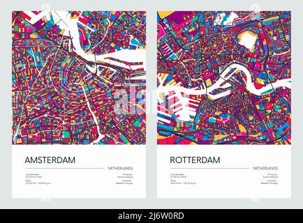 Mappa stradale dettagliata a colori, pianta urbana città Amsterdam e Rotterdam con quartieri e quartieri colorati, poster vettoriale di viaggio Illustrazione Vettoriale