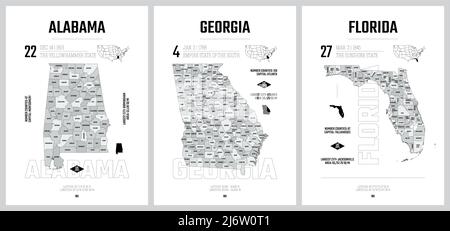 Sagome vettoriali altamente dettagliate delle mappe degli stati degli Stati Uniti, divisione degli Stati Uniti in contee, suddivisioni politiche e geografiche di Stati a, South AT Illustrazione Vettoriale