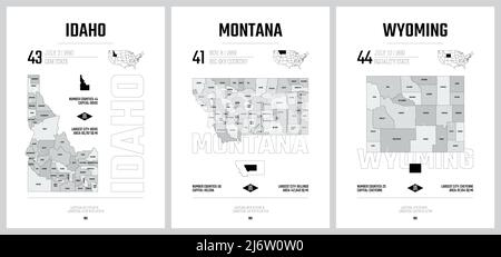 Sagome vettoriali estremamente dettagliate delle mappe degli stati degli Stati Uniti, divisione degli Stati Uniti in contee, suddivisioni politiche e geografiche di Stati a, montagna Illustrazione Vettoriale