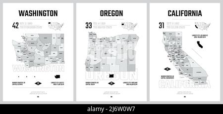 Sagome vettoriali altamente dettagliate delle mappe degli stati degli Stati Uniti, divisione degli Stati Uniti in contee, suddivisioni politiche e geografiche di Stati a, Pacifico Illustrazione Vettoriale