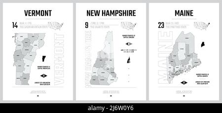 Sagome vettoriali altamente dettagliate delle mappe degli stati degli Stati Uniti, divisione degli Stati Uniti in contee, suddivisioni politiche e geografiche di Stati a, New Engl Illustrazione Vettoriale