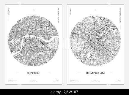 Poster di viaggio, mappa urbana della città di Londra e Birmingham, illustrazione vettoriale Illustrazione Vettoriale