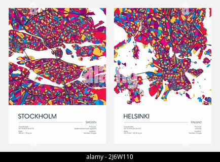Mappa stradale dettagliata a colori, città urbana Stoccolma ed Helsinki con quartieri e quartieri colorati, poster vettoriale di viaggio Illustrazione Vettoriale