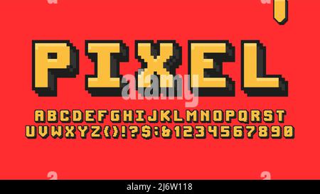 Font vettoriale pixel da 80s 90s giochi arcade retrò, computer game design 8 bit lettere e numeri, colorato alfabeto retrò, simboli vettoriali Illustrazione Vettoriale