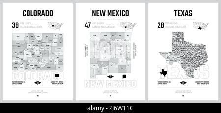 Sagome vettoriali estremamente dettagliate delle mappe degli stati degli Stati Uniti, divisione degli Stati Uniti in contee, suddivisioni politiche e geografiche di Stati a, montagna Illustrazione Vettoriale