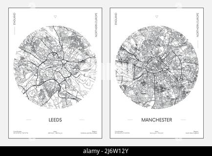 Poster di viaggio, mappa urbana della città di Leeds e Manchester, illustrazione vettoriale Illustrazione Vettoriale