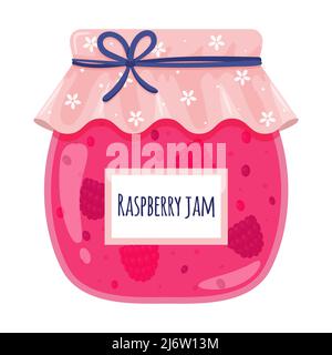 Vaso in vetro con marmellata di lamponi. Cibo dolce, marmellata con frutti di bosco, cibo fatto in casa, dolci, dessert. Illustrazione vettoriale a colori in stile cartoon flat. Isolato Illustrazione Vettoriale