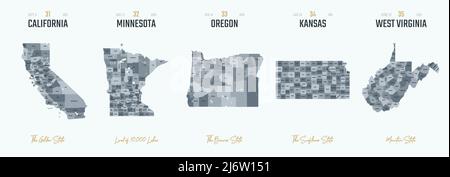 Set vettoriale 7 di 10 sagome estremamente dettagliate delle mappe degli stati degli Stati Uniti, divise in contee con nomi e soprannomi del territorio Illustrazione Vettoriale