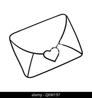 Una busta chiusa con un cuore. Elemento decorativo per San Valentino. Un semplice oggetto di disegno a profilo singolo è disegnato a mano e isolato su un bianco Illustrazione Vettoriale
