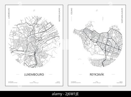 Poster di viaggio, mappa urbana della città Lussemburgo e Reykjavik, illustrazione vettoriale Illustrazione Vettoriale