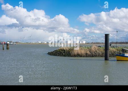 Doel, Belgio, 17 marzo 2019, Vista sulla Scheldt dal villaggio polder di Doel nelle Fiandre Orientali presso lo Stolthaven Oiltanking Foto Stock