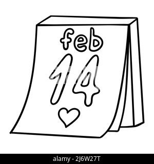 Un foglio di calendario con data febbraio 14. Elemento decorativo per San Valentino. Un semplice oggetto di disegno di contorno è disegnato a mano e isolato su un Illustrazione Vettoriale