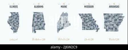 Set vettoriale 5 di 10 sagome estremamente dettagliate delle mappe degli stati degli Stati Uniti, divise in contee con nomi e soprannomi del territorio Illustrazione Vettoriale